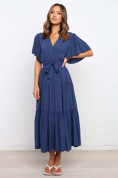 Vestidos largos con volantes de color liso de moda para mujer, sexys, con escote en V y mangas con volantes, vestido elegante con temperamento ahuecado para mujer, novedad de verano 2025