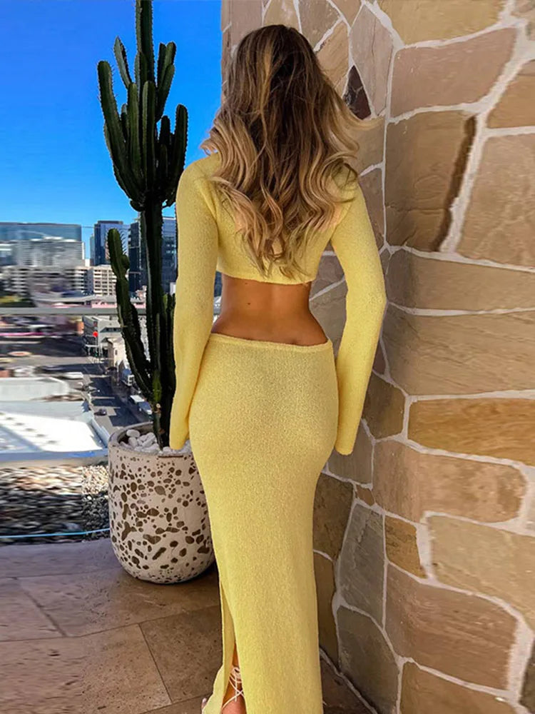 Sexy Knitted Hollow Out Long Dresses Women Casual Solid Slim Fit O-neck Slit Maxi Dress Sun Protection Female Summer Beach Party