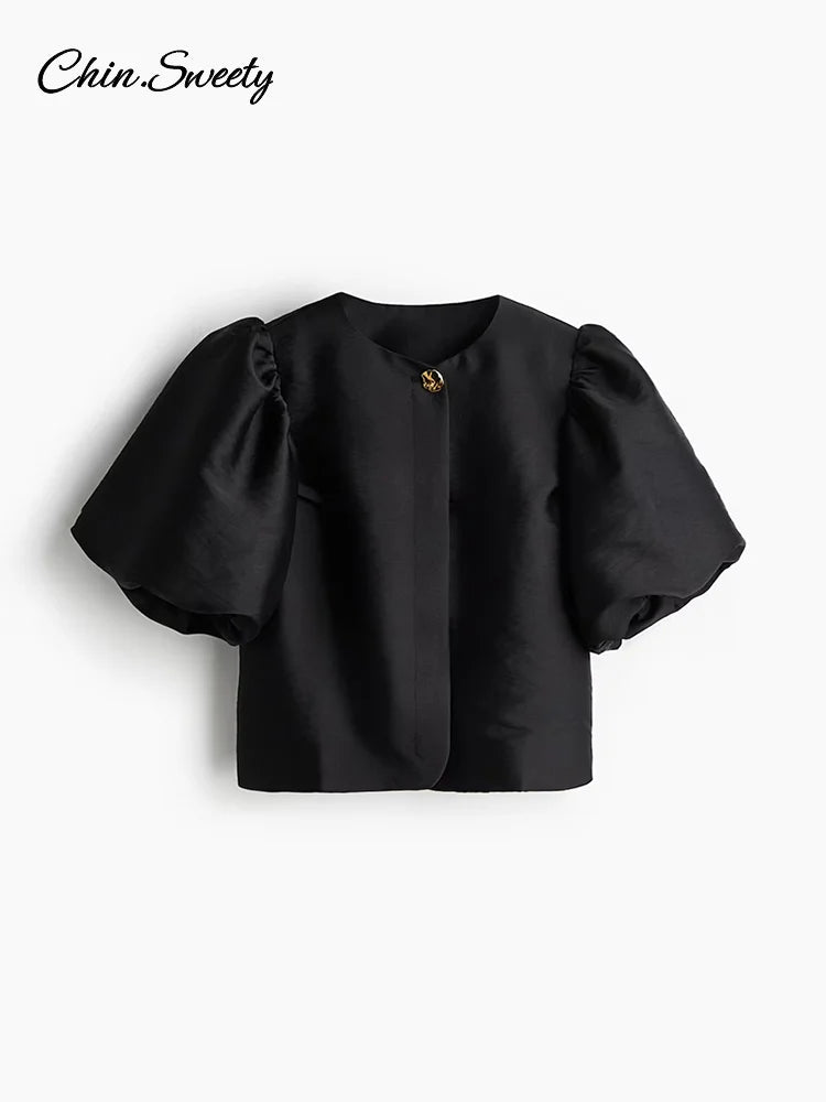 Blusas de manga abullonada con estampado de leopardo para mujer, blusas de verano 2025 con cuello redondo, botones sueltos, tops cortos que combinan con todo, ropa de calle de moda para mujer