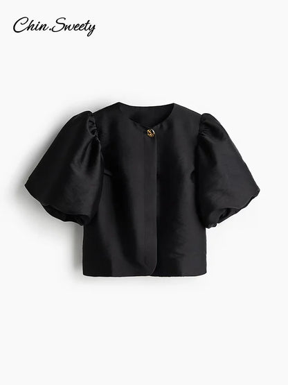 Blusas de manga abullonada con estampado de leopardo para mujer, blusas de verano 2025 con cuello redondo, botones sueltos, tops cortos que combinan con todo, ropa de calle de moda para mujer