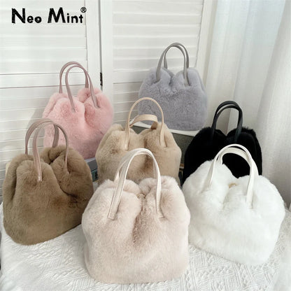Impresionante bolso de mano tipo cubo de piel sintética de conejo suave para mujer, bolso de hombro de felpa esponjosa de invierno, elegante bolso de fiesta de moda urbana para chicas.