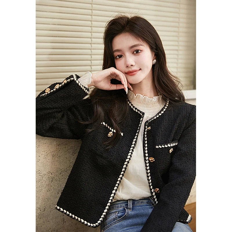 Chaqueta de tweed corta vintage para mujer, abrigo acolchado negro, elegante blazer de invierno para mujer, abrigo grueso de un solo pecho.