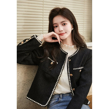 Chaqueta de tweed corta vintage para mujer, abrigo acolchado negro, elegante blazer de invierno para mujer, abrigo grueso de un solo pecho.