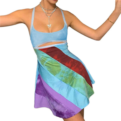 Vestido con corte Y2K, estilo estético, para mujer, con rayas y patchwork, sin mangas, corte A, minivestido estilo años 2000, estilo grunge de hadas, ropa de calle
