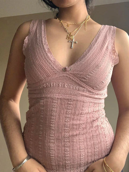 Top sin mangas con cuello en V, dulce y rosa, estilo Y2K, de encaje, estilo kawaii de los años 2000 para mujer