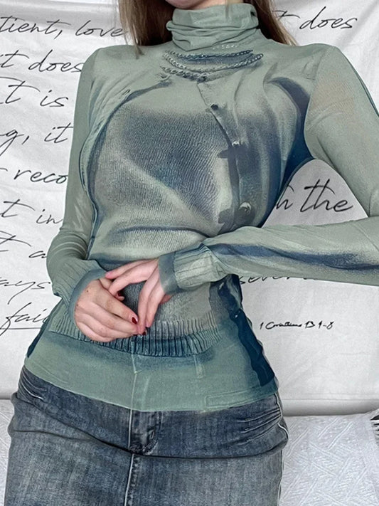 Summer New Fashion Shirts For Women Sexy Slim Long Sleeve High Neck Y2k Top Casual Mesh Patchwork Print Streetwear Women Clothes