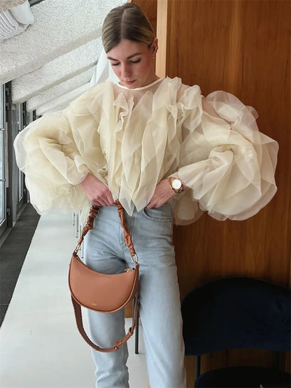 Camisas blancas con volantes y retazos, elegantes, de moda para mujer, de cintura alta, manga larga, informales, ropa de calle, blusa para mujer