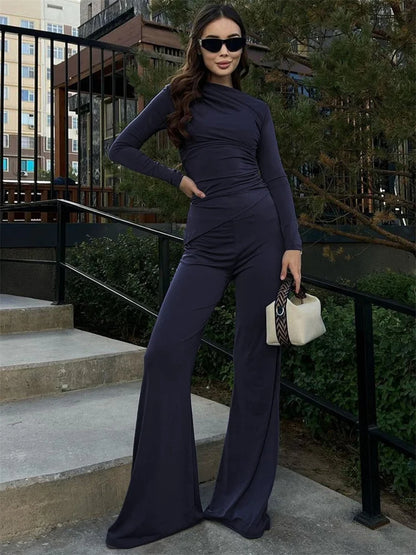 Conjunto de 2 piezas de moda de otoño para mujer, pantalones acampanados, ropa de calle, conjuntos casuales de manga larga plisados y ajustados, conjuntos de pantalones para mujer