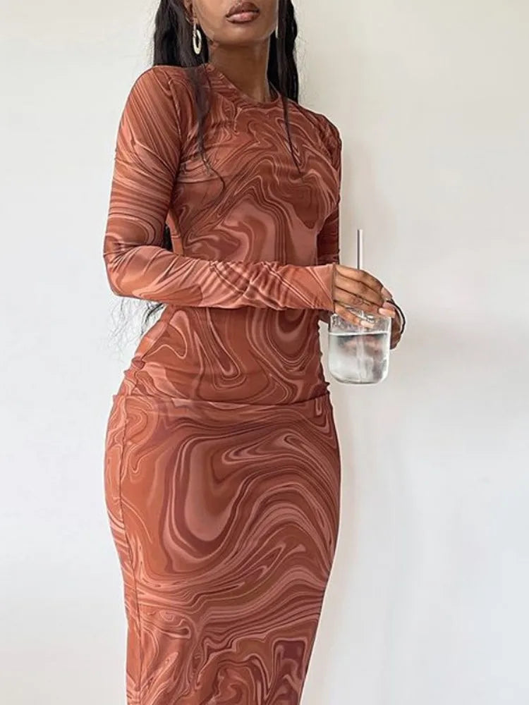 Vestidos largos ajustados para mujer, traje de una pieza para club, ropa de fiesta de noche, cuello redondo, media pantorrilla, vestidos sexis De mujer, ropa de calle