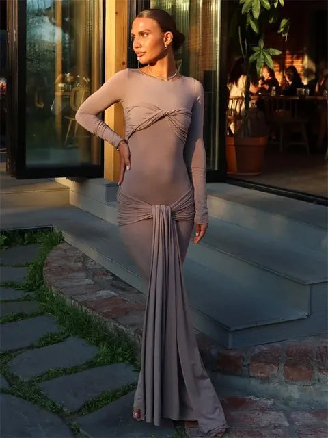 Female Pleated Sexy Maxi Dress Patchwork Twist Slim Long Sleeve Solid Y2k Autumn Streetwear Dress Women’s Bodycon Dress