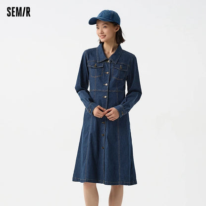 Denim Dress Women With Shawl  Mid-length Dress Workwear Style in Spring