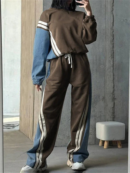 Ladies 2 Piece-Set Drawstring Trousers Contrast Lace-Up Autumn  Pullover And High Waist Women Pants Outfits Tracksuit