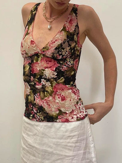 Sweetown - Camiseta sin mangas con estampado floral colorido y romántico francés de encaje, cuello en V, ajustada, elegante, sexy, estilo bohemio para vacaciones de verano para mujer