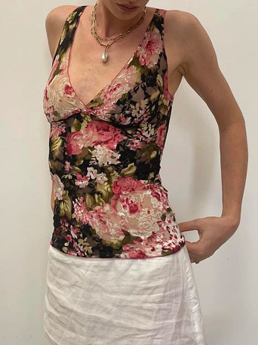 Sweetown - Camiseta sin mangas con estampado floral colorido y romántico francés de encaje, cuello en V, ajustada, elegante, sexy, estilo bohemio para vacaciones de verano para mujer