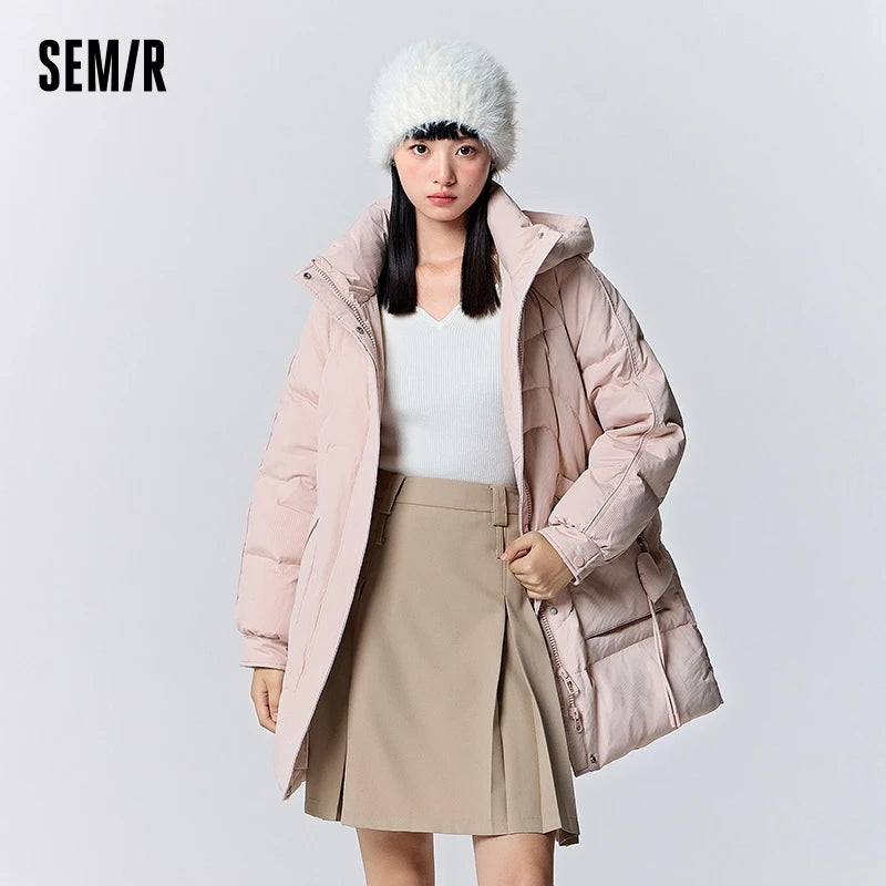 Down Jacket Women Medium Long Hooded Texture Winter Loose  New Gentle Sweet Love Thick Jacket
