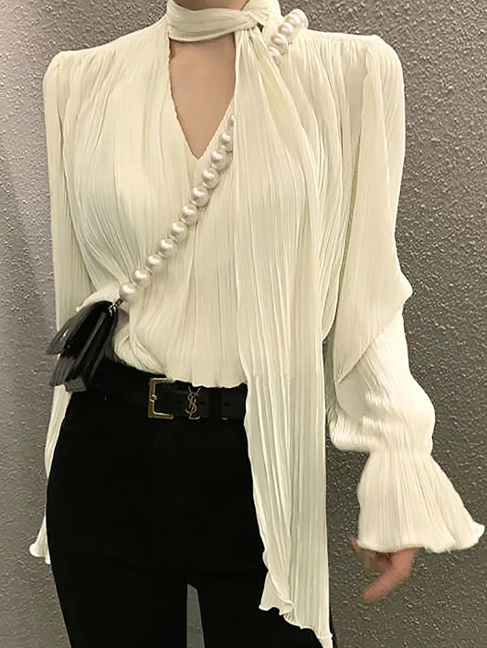 Blusa plisada elegante de manga larga con lazos para mujer, blusa básica de lujo con volantes y cuello en V, ropa informal de gran tamaño para oficina, estilo coreano chic.