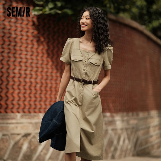 Dress Women Square Neck Split Midi Dress  Summer New Salt-Washed Utility Dress With Vintage Vibes