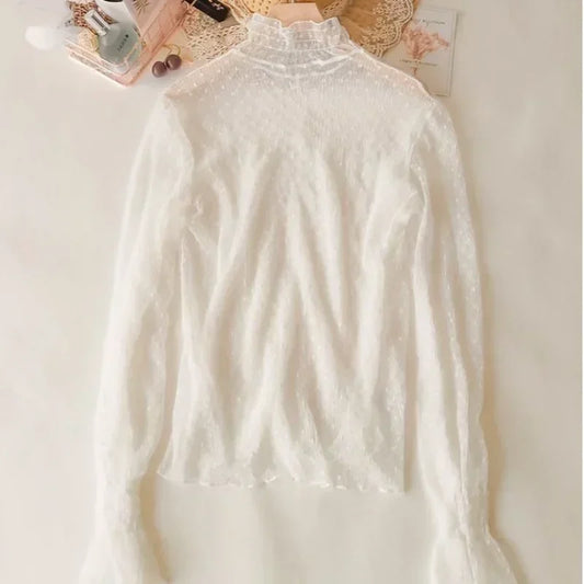 Blusa de verano con cuello alto y malla transparente para mujer, fina, ajustada, con encaje y mangas largas acampanadas