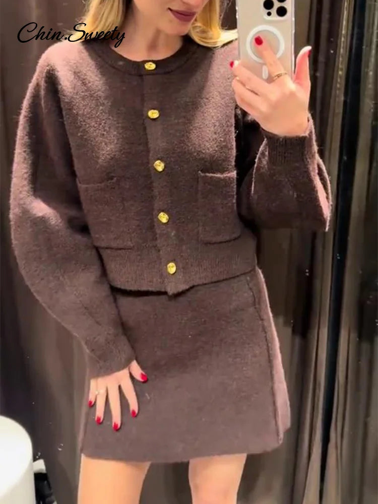 Elegant Brown Skirt Suits Knitted O-Neck Long Sleeve Metal Button Cardigan High Waist A-line Mini Skirts 2025 Spring Lady Outfit