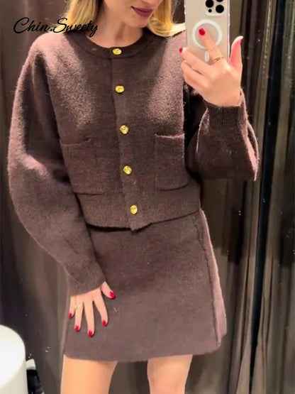 Elegant Brown Skirt Suits Knitted O-Neck Long Sleeve Metal Button Cardigan High Waist A-line Mini Skirts 2025 Spring Lady Outfit