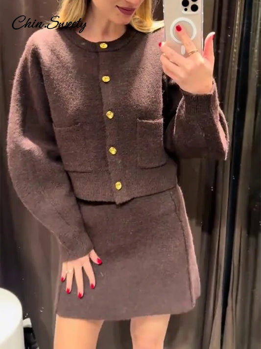 Elegant Brown Skirt Suits Knitted O-Neck Long Sleeve Metal Button Cardigan High Waist A-line Mini Skirts 2025 Spring Lady Outfit