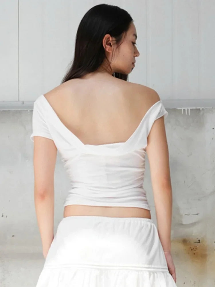 Ropa de verano sexy de colores sólidos para mujer, camisetas casuales de manga corta con cuello oblicuo para mujer, ropa de calle de un solo hombro, top Y2k