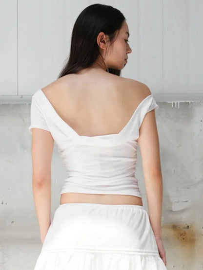 Ropa de verano sexy de colores sólidos para mujer, camisetas casuales de manga corta con cuello oblicuo para mujer, ropa de calle de un solo hombro, top Y2k