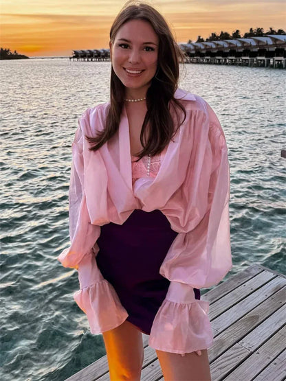 Camisas casuales transparentes de otoño para mujer, cárdigan holgado y ajustado de manga larga con solapa, ropa de calle, camisas plisadas para mujer
