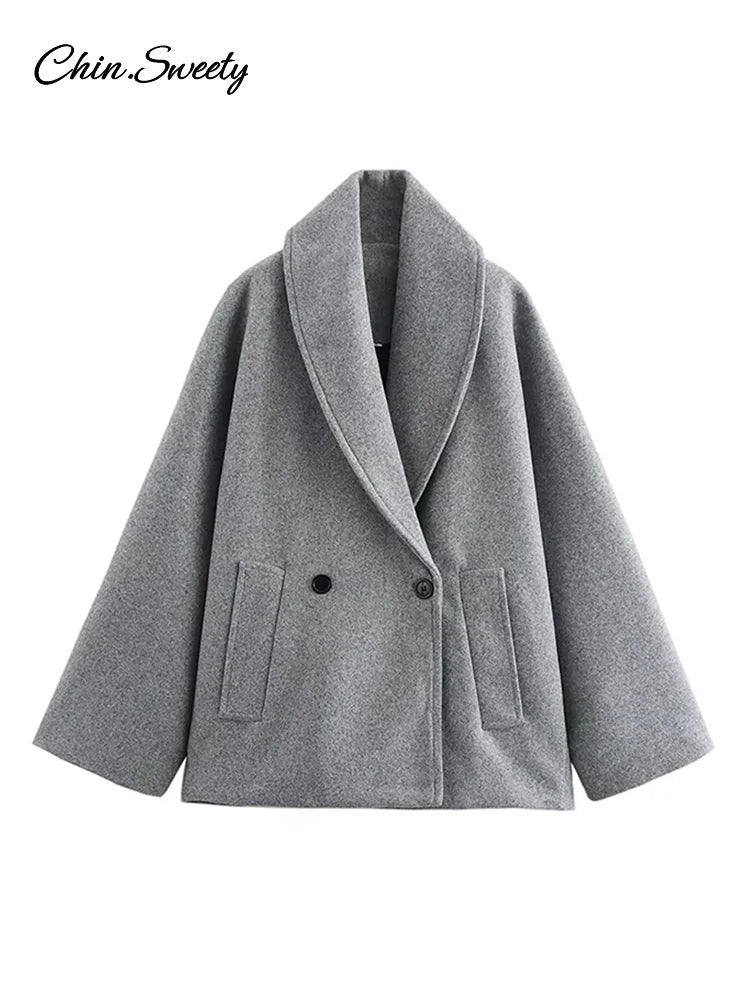 Retro Loose Woolen Blend Coat Women Lapel Double-Breasted Long Sleeve Pocket Thick Gray Jacket 2025 Autumn Spring Streetwear