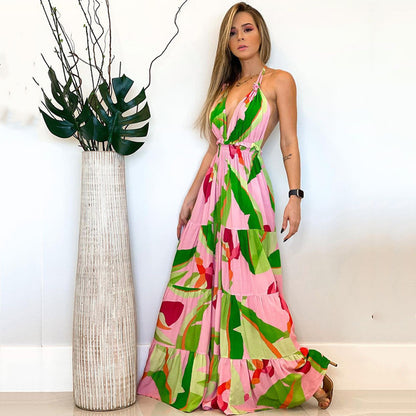 Bohemian Style Print Halter Neck Dresses Women Sexy V-neck Backless Vacation Beach Long Dress Casual Commuting Clothing Vestidos