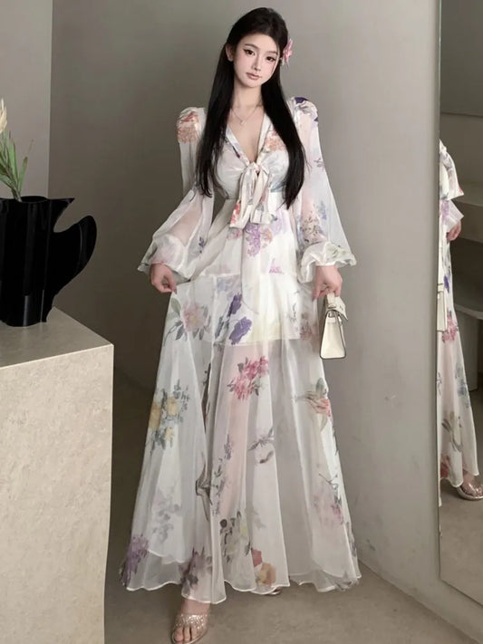 Elegantes vestidos largos con estampado floral para mujer, manga farol, escote en V, abertura alta, vestido de fiesta de hadas Y2K, moda coreana, nuevos vestidos