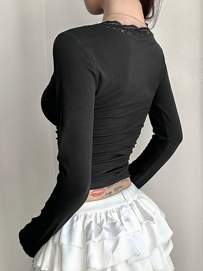 Camiseta de encaje negro con cuello en V para mujer, lisa, ajustada, básica, de manga larga, combina con todo, otoño, nueva