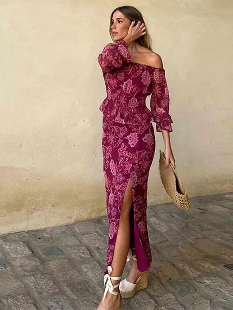 Conjunto de falda y top con estampado vintage para mujer, de un solo hombro, manga larga, cintura alta, dobladillo con volantes, falda con abertura alta, trajes de playa para vacaciones.