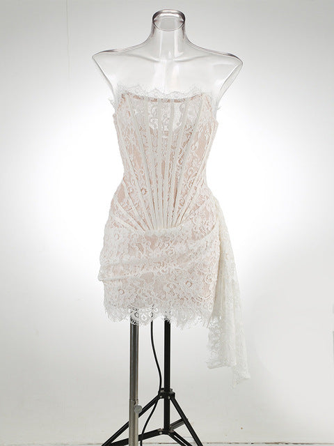 Elegant Lace Strapless Sexy Mini Dress For Women Fashion Off-shoulder Irregular Ruched Bodycon Night Club Party Dress