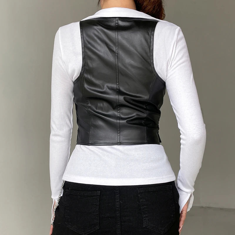 Chaleco de cuero sintético Y2K con cuello en V, sin mangas, con botones, estilo vintage, para mujer, estilo Academia oscura de los años 2000
