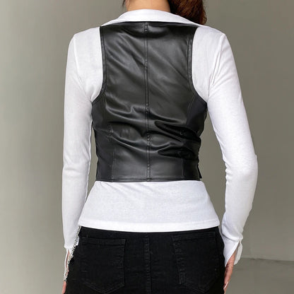 Chaleco de cuero sintético Y2K con cuello en V, sin mangas, con botones, estilo vintage, para mujer, estilo Academia oscura de los años 2000
