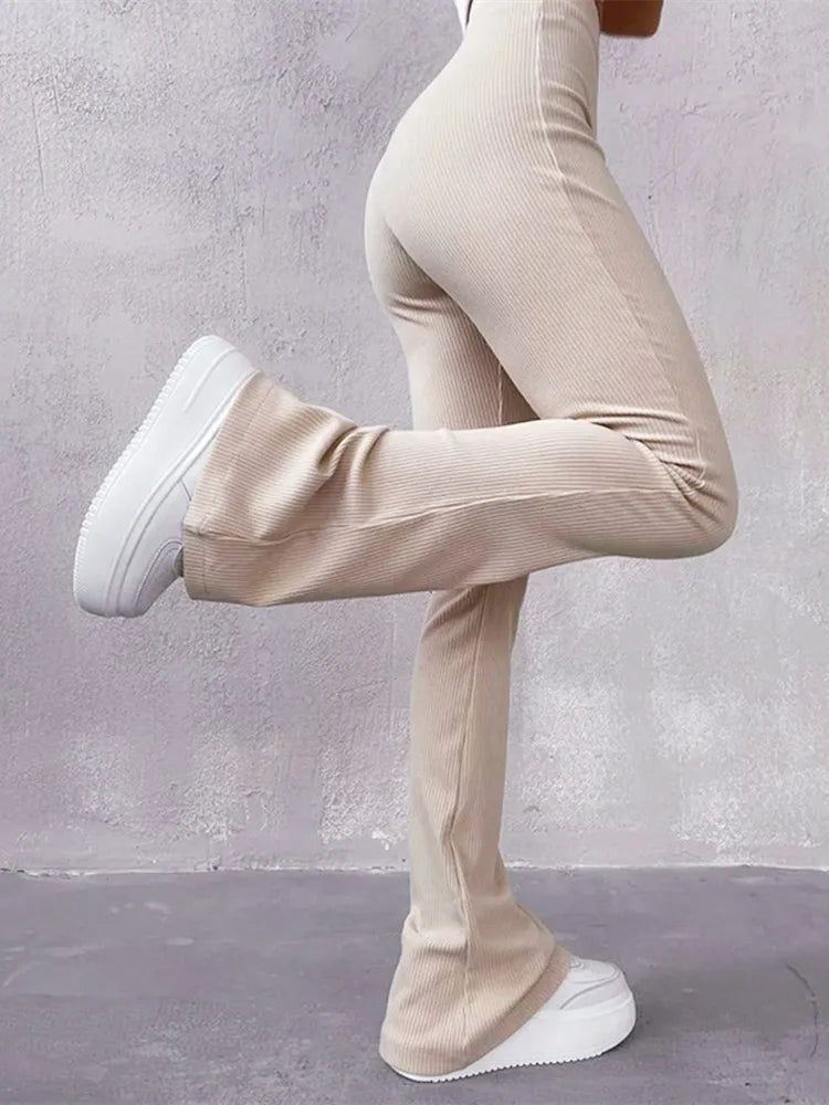 Women High-Waisted Long Micro Flare Streetwear Y2k Pants Trousers Solid Color High Waist Slim Clothes Casual Fashion Sweatpants