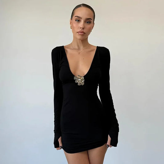 Vestido sexy metalizado ajustado con escote pronunciado para mujer, minivestido de manga larga con cintura alta, elegante, liso, para fiesta otoñal.