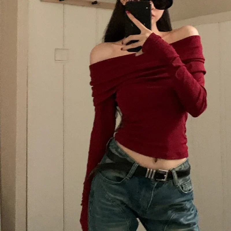 Camisetas con hombros descubiertos para mujer, camisetas casuales de manga larga lisas, tops cortos, ropa de calle, ropa de club, suéteres sexys con cuello torcido y cálidos