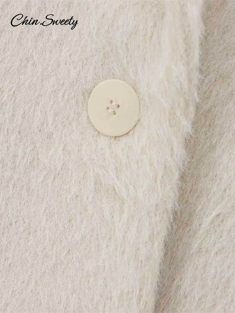 White Mohair Blazer Coat Women Loose Lapel Single-breasted Long Sleeve Thick Warm Jackets 2025 New Office Lady Street Outerwear