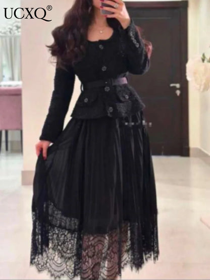 Vintage Beading Buttons O-neck Black Dress With Belt Summer  Women Evening Dresses Ladies Wedding Party Clothes Tide