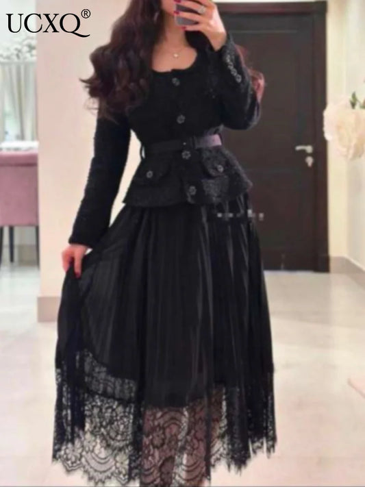 Vintage Beading Buttons O-neck Black Dress With Belt Summer  Women Evening Dresses Ladies Wedding Party Clothes Tide