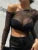 Camiseta informal de moda de color liso Y2k, camiseta sexy de cuello inclinado de manga larga para mujer, ropa ajustada de malla ligeramente transparente Y2k para mujer