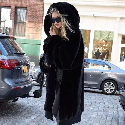 Abrigo largo de piel sintética de marca de lujo de moda de invierno para mujer, chaqueta con capucha y cremallera, abrigos gruesos y cálidos de piel sintética de conejo de peluche