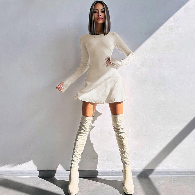 Vestido mini sexy de manga larga acanalado para mujer, otoño invierno, nuevo, cuello redondo, vendaje con cordones, vestido elegante de moda, vestidos