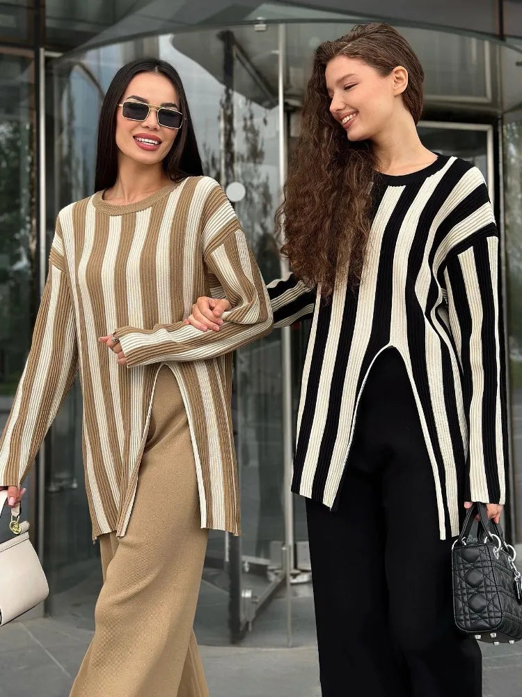 Striped Knitwear Fashion 2 Piece-Set For Women Contrast Long Sleeve Split Straight Trousers Outfits Women’s Pants Sets