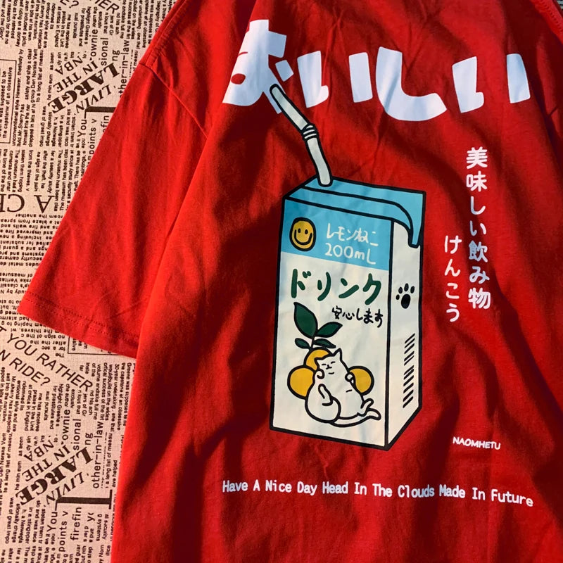 Camiseta holgada informal de manga corta con estampado de gato japonés para hombre y mujer, ropa de calle de algodón, estilo Harajuku
