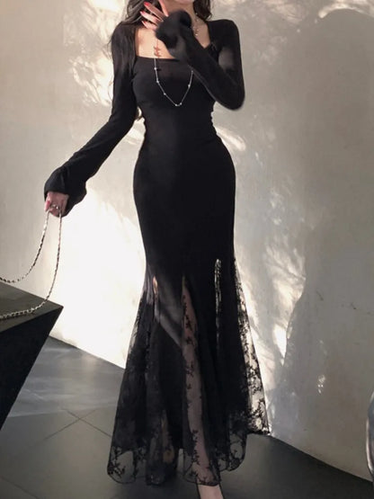 New Spring Summer Vintage Bodycon Solid Chic Women Black Dress Elegant Slim Lace Patchwork Party Prom Vestidos Female Clothes