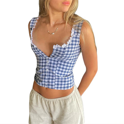 Top corto a cuadros Y2K con estampado estético para mujer, con ribete de encaje, cuello cuadrado, botones, sin mangas, ropa de calle de los años 2000