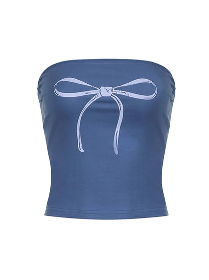 Top tubo sin tirantes con estampado de lazo Y2K para mujer, top corto kawaii de los años 2000, ropa de calle de verano